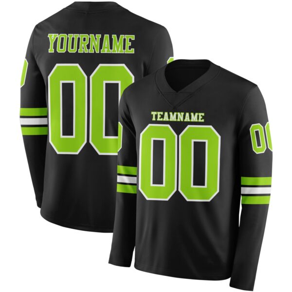 Custom Black Neon Green-White Long Sleeve Authentic Football Jersey