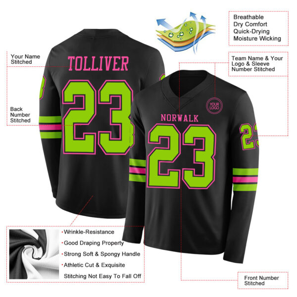 Custom Black Neon Green-Pink Long Sleeve Authentic Football Jersey