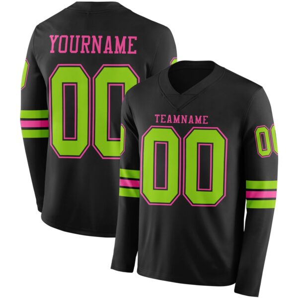 Custom Black Neon Green-Pink Long Sleeve Authentic Football Jersey