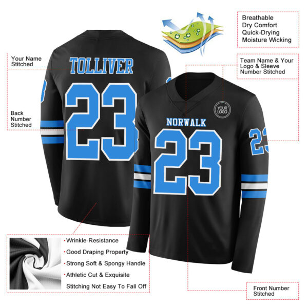 Custom Black Powder Blue-White Long Sleeve Authentic Football Jersey