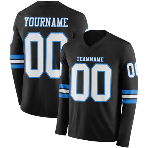 Custom Black White-Powder Blue Long Sleeve Authentic Football Jersey