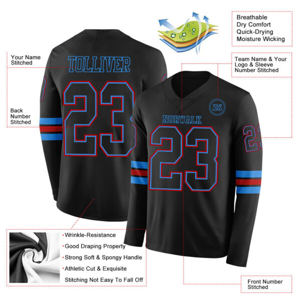 Custom Black Powder Blue-Red Long Sleeve Authentic Football Jersey