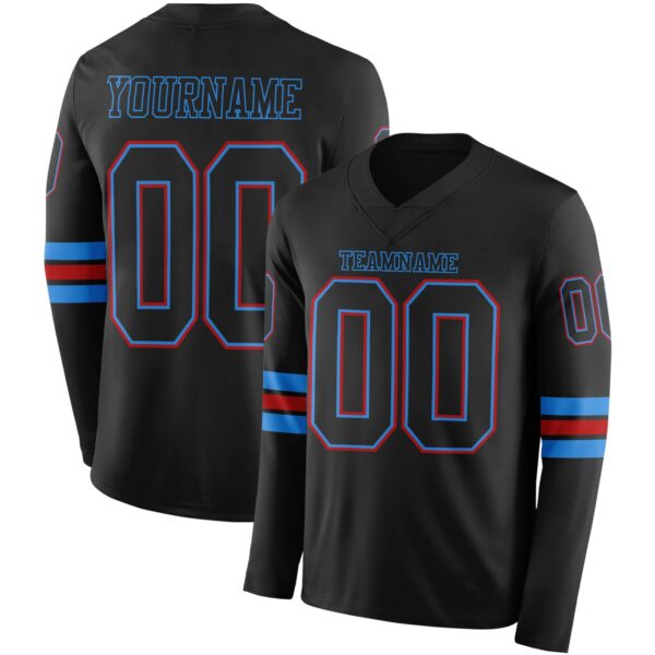 Custom Black Powder Blue-Red Long Sleeve Authentic Football Jersey