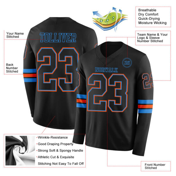 Custom Black Powder Blue-Orange Long Sleeve Authentic Football Jersey