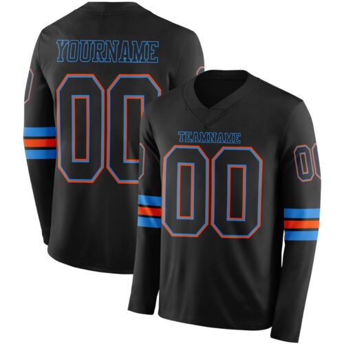 Custom Black Powder Blue-Orange Long Sleeve Authentic Football Jersey