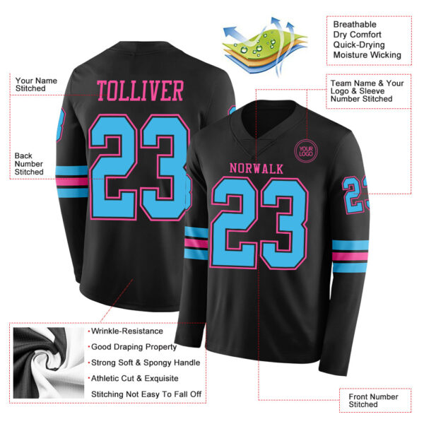 Custom Black Sky Blue-Pink Long Sleeve Authentic Football Jersey