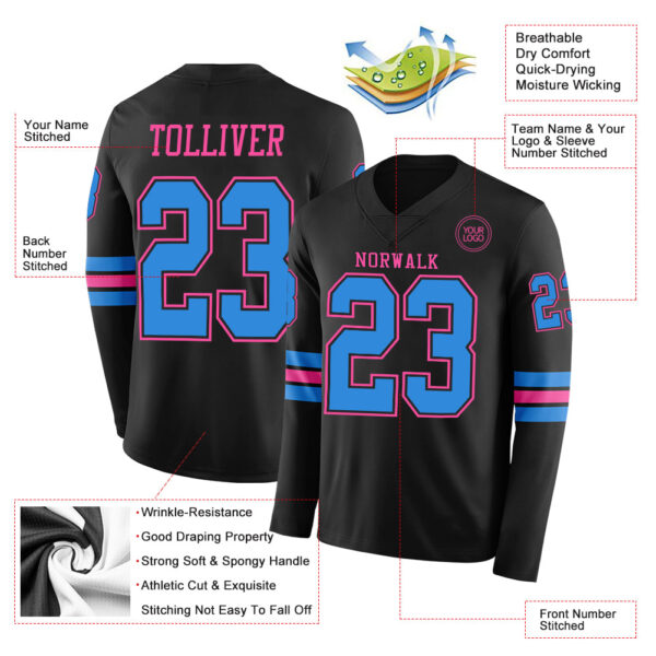 Custom Black Powder Blue-Pink Long Sleeve Authentic Football Jersey