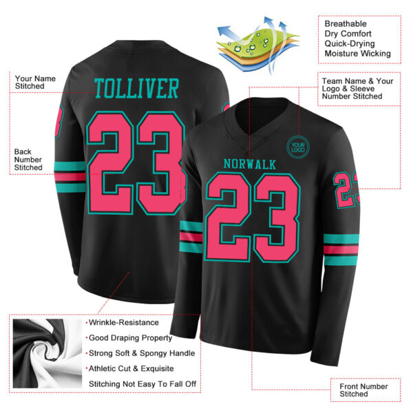 Custom Black Neon Pink-Aqua Long Sleeve Authentic Football Jersey