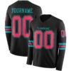Custom Black Neon Pink-Aqua Long Sleeve Authentic Football Jersey
