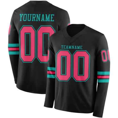 LongSleeve0521 Custom Black Neon Pink-Aqua Long Sleeve Authentic Football Jersey