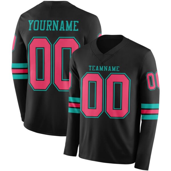 Custom Black Neon Pink-Aqua Long Sleeve Authentic Football Jersey
