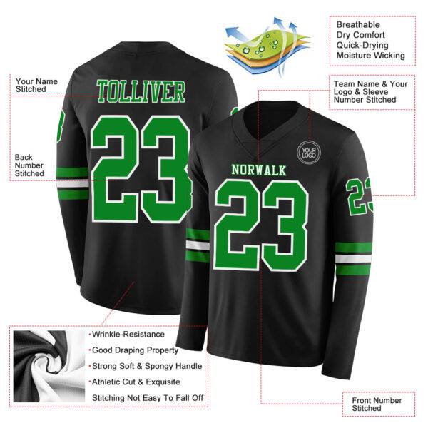 Custom Black Grass Green-White Long Sleeve Authentic Football Jersey