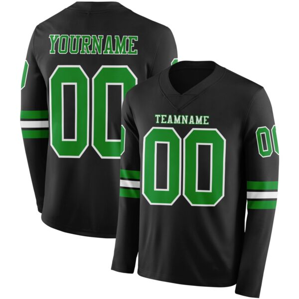 Custom Black Grass Green-White Long Sleeve Authentic Football Jersey