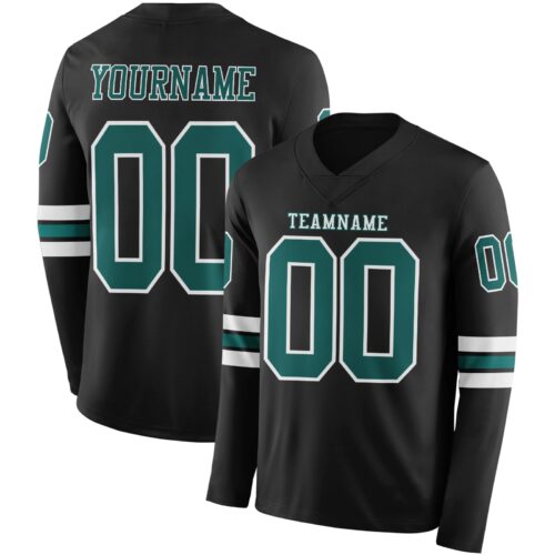 LongSleeve0523 Custom Black Midnight Green-White Long Sleeve Authentic Football Jersey