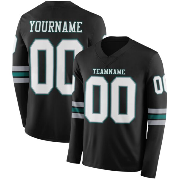Custom Black White Gray-Midnight Green Long Sleeve Authentic Football Jersey
