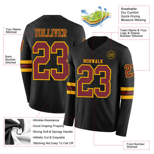 Custom Black Cardinal-Gold Long Sleeve Authentic Football Jersey