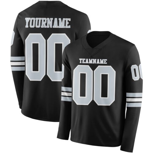 LongSleeve0530 Custom Black Silver-White Long Sleeve Authentic Football Jersey