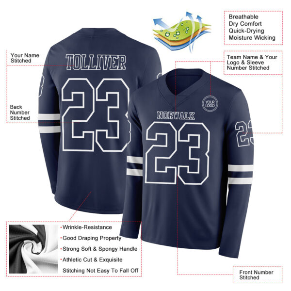 Custom Navy White Long Sleeve Authentic Football Jersey