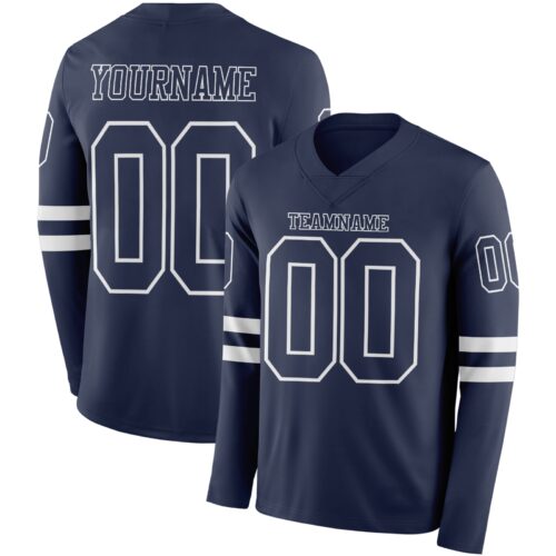 Custom Navy White Long Sleeve Authentic Football Jersey