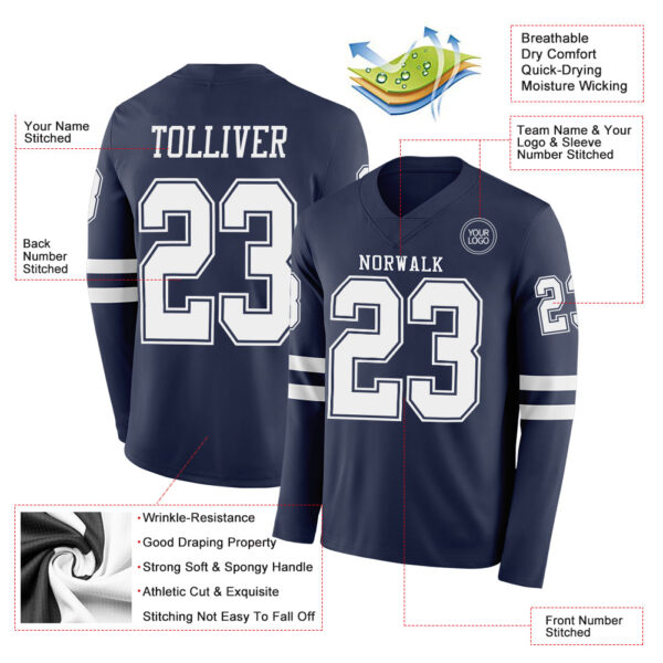 Custom Navy White Long Sleeve Authentic Football Jersey