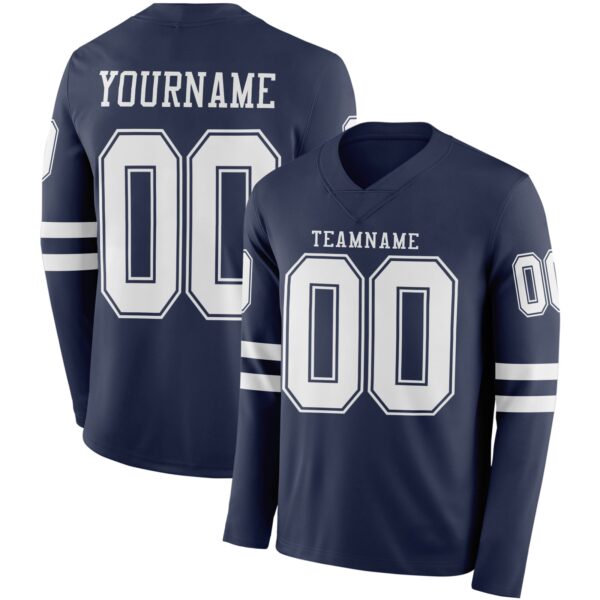 Custom Navy White Long Sleeve Authentic Football Jersey
