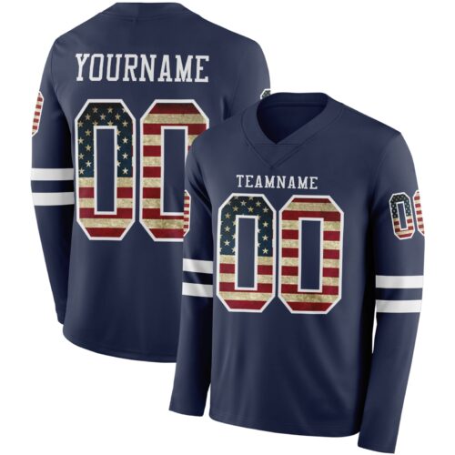 Custom Navy Vintage USA Flag-White Long Sleeve Authentic Football Jersey