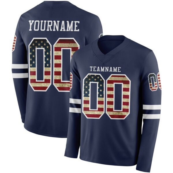 Custom Navy Vintage USA Flag-White Long Sleeve Authentic Football Jersey