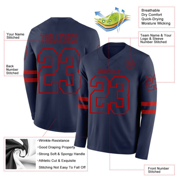 Custom Navy Red Long Sleeve Authentic Football Jersey