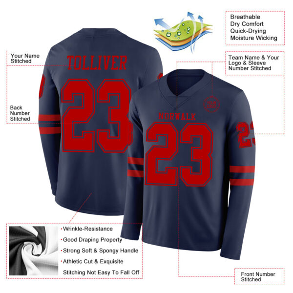 Custom Navy Red Long Sleeve Authentic Football Jersey