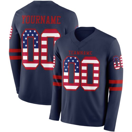Custom Navy USA Flag-Red Long Sleeve Authentic Football Jersey
