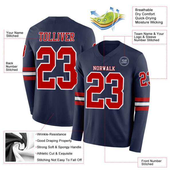 Custom Navy Red-White Long Sleeve Authentic Football Jersey