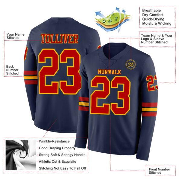 Custom Navy Red-Gold Long Sleeve Authentic Football Jersey