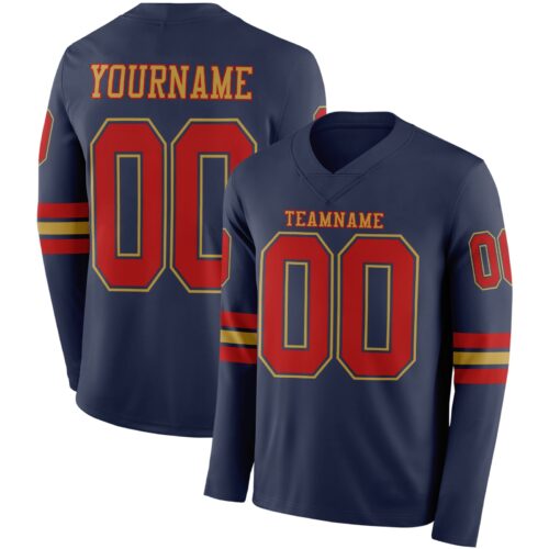 Custom Navy Red-Old Gold Long Sleeve Authentic Football Jersey