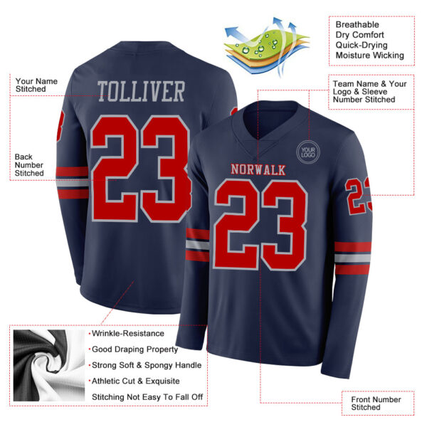 Custom Navy Red-Gray Long Sleeve Authentic Football Jersey
