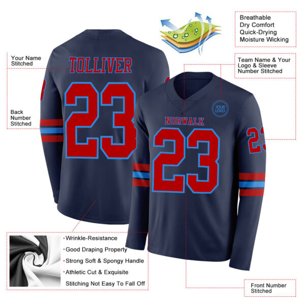 Custom Navy Red-Powder Blue Long Sleeve Authentic Football Jersey