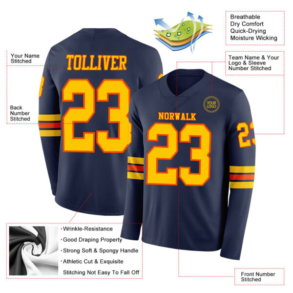Custom Navy Yellow-Orange Long Sleeve Authentic Football Jersey