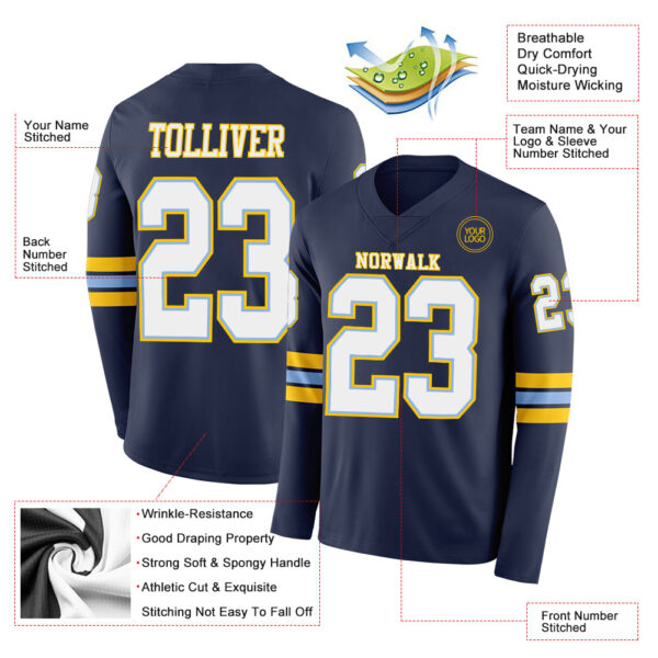 Custom Navy White Light Blue-Yellow Long Sleeve Authentic Football Jersey