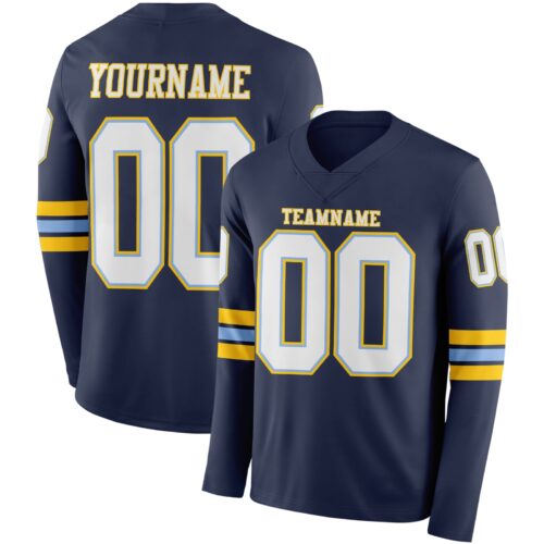 Custom Navy White Light Blue-Yellow Long Sleeve Authentic Football Jersey