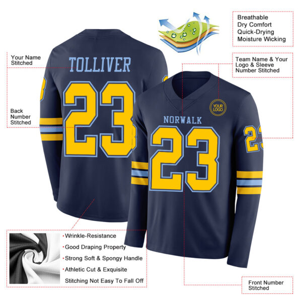 Custom Navy Yellow-Light Blue Long Sleeve Authentic Football Jersey