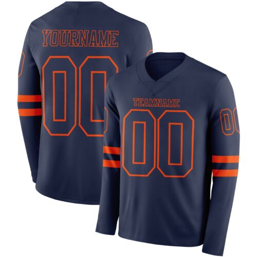 Custom Navy Orange Long Sleeve Authentic Football Jersey
