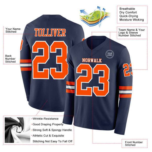 Custom Navy Orange-White Long Sleeve Authentic Football Jersey