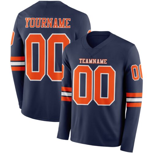 LongSleeve0550 Custom Navy Orange-White Long Sleeve Authentic Football Jersey