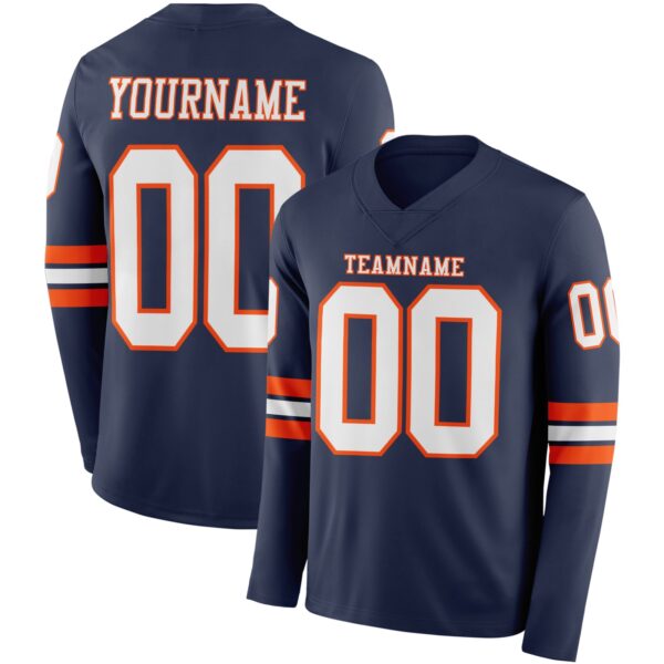 Custom Navy White-Orange Long Sleeve Authentic Football Jersey