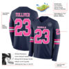 Custom Navy Pink-White Long Sleeve Authentic Football Jersey