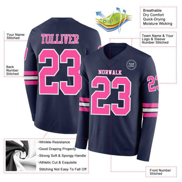 Custom Navy Pink-White Long Sleeve Authentic Football Jersey