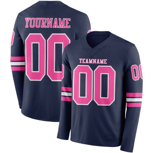 LongSleeve0552 Custom Navy Pink-White Long Sleeve Authentic Football Jersey