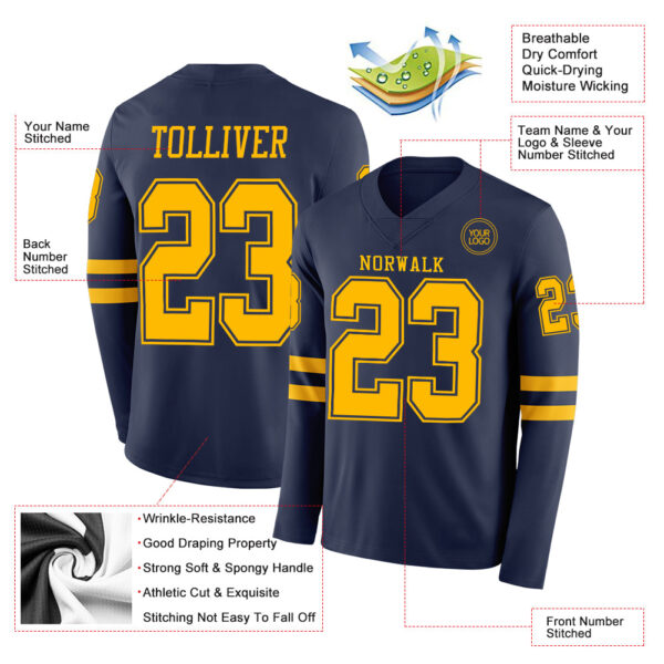 Custom Navy Gold Long Sleeve Authentic Football Jersey