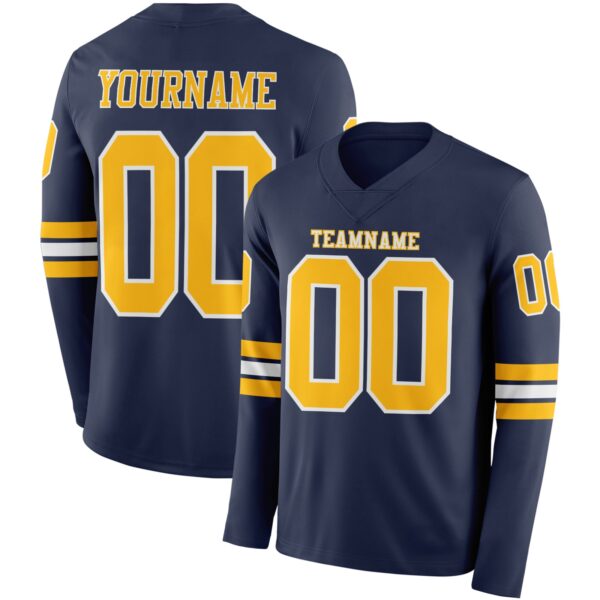 Custom Navy Gold-White Long Sleeve Authentic Football Jersey
