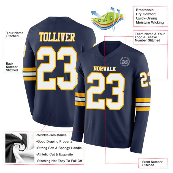 Custom Navy White-Gold Long Sleeve Authentic Football Jersey