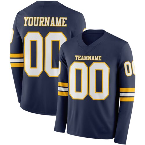 LongSleeve0556 Custom Navy White-Gold Long Sleeve Authentic Football Jersey